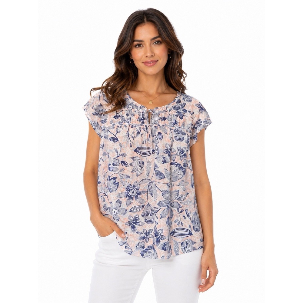 Croft Barrow Womens Blouse M Blue Pink Floral Short Sleeve Tie Neck Boho Top